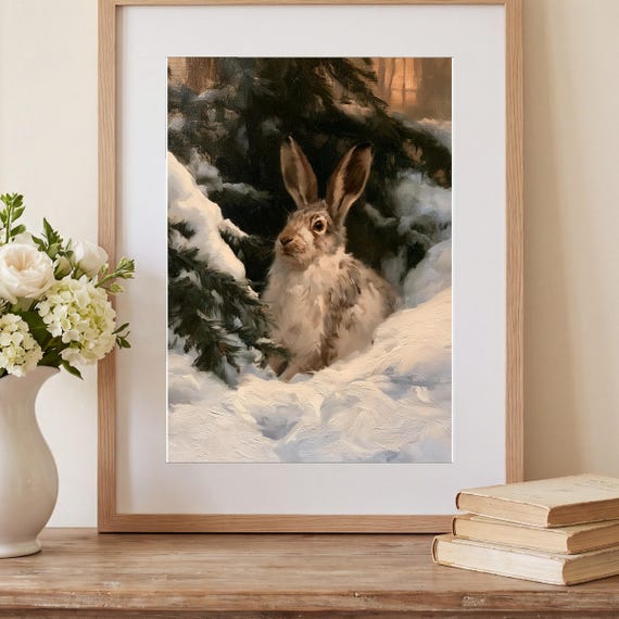 Arctic Hare in Snow Antique Oil Painting — view 2