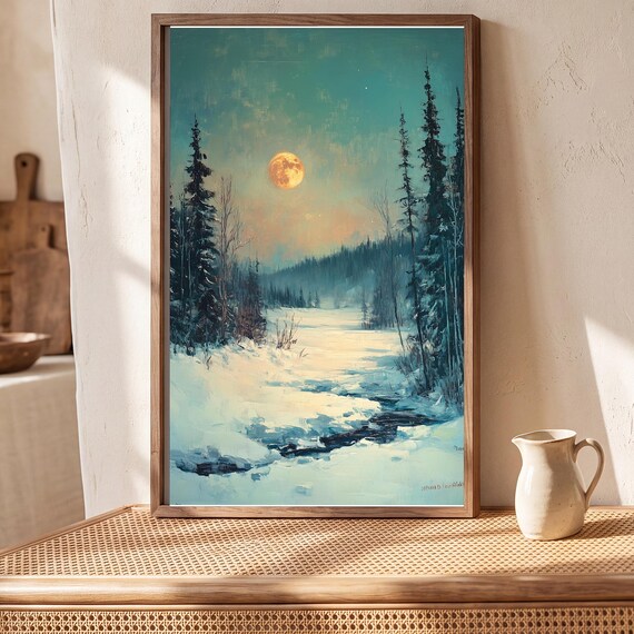 Moonlit Snowfield Antique Oil Painting — view 5