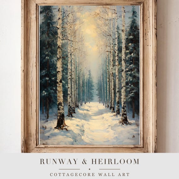 Birch Grove in Winter Antique Oil Painting
