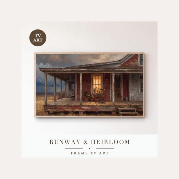Farmhouse Porch Frame TV Art, Samsung Frame TV Art Snowstorm Tonalist Oil Painting, Rustic Chri…