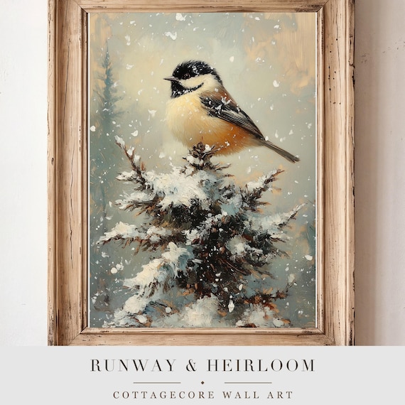 Chickadee in Frost Antique Oil Painting