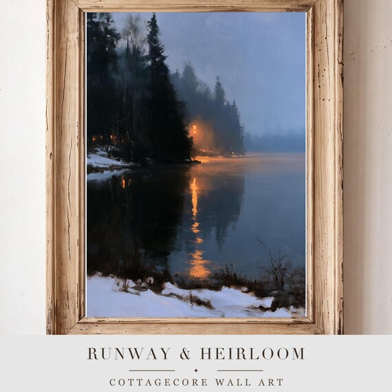 Frozen Lake at Blue Hour Antique Oil Painting