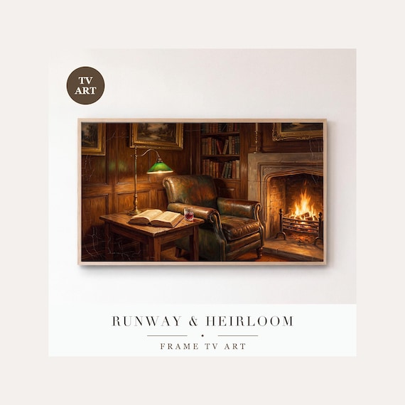 Fireside Chair Frame TV Art, Samsung Frame TV Art Cozy Christmas Library Oil, Book Lover Holida…