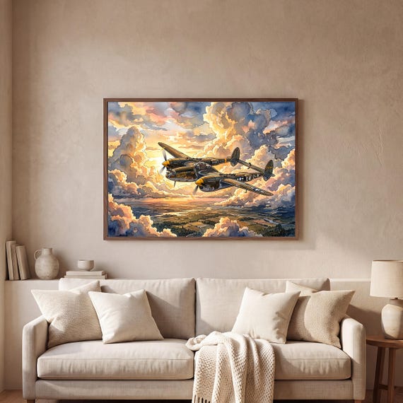 P-38 Lightning Watercolor Print — view 2