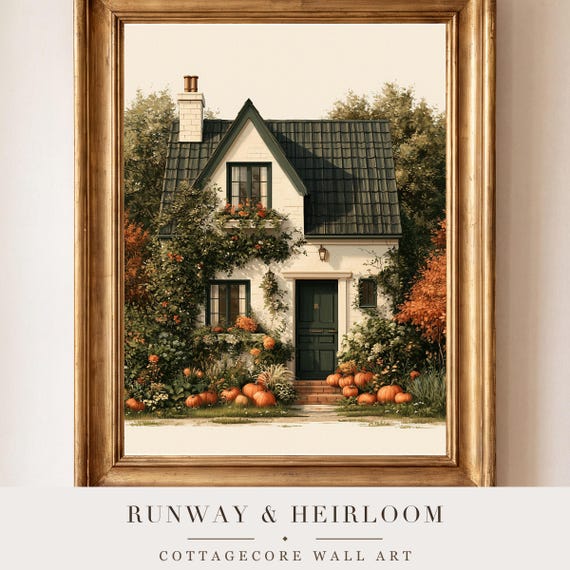 Autumn Cottage with Pumpkins Watercolor Print — view 4