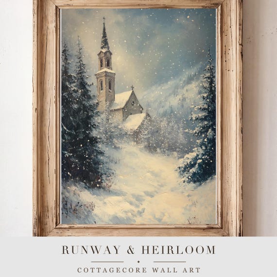 Church in a Blizzard Antique Oil Painting