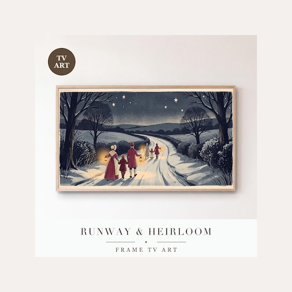 Down the Lane Frame TV Art, Samsung Frame TV Art Vintage Storybook Christmas Carolers, Lantern …
