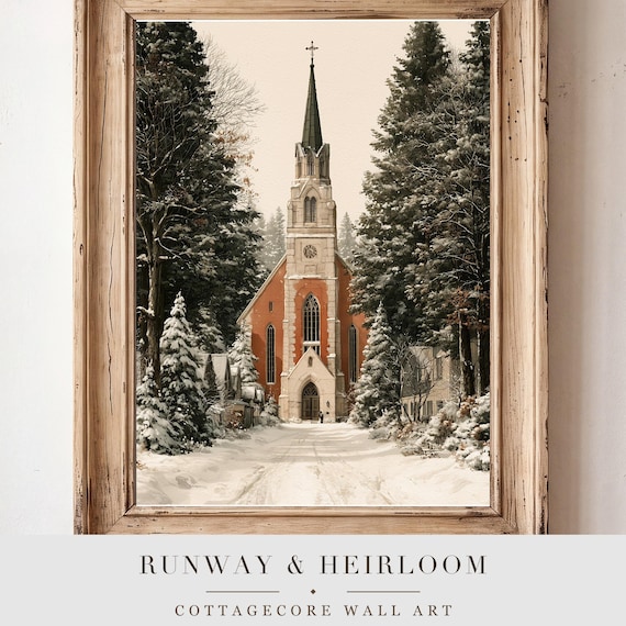 Snowy Village Church Watercolor Art Print
