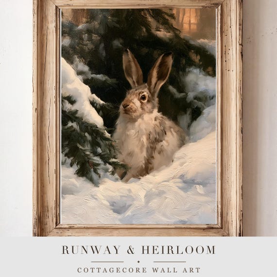 Arctic Hare in Snow Antique Oil Painting