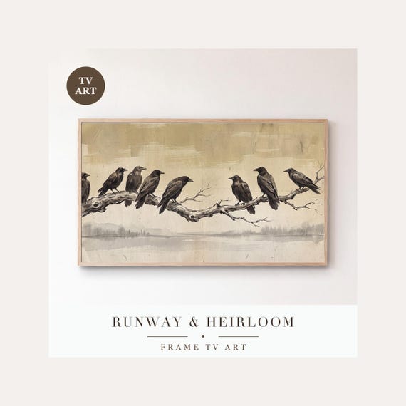 Raven on Bare Branch Frame TV Art, Samsung Frame TV Art Minimal Ink Brush Crows, Moody Gothic F…