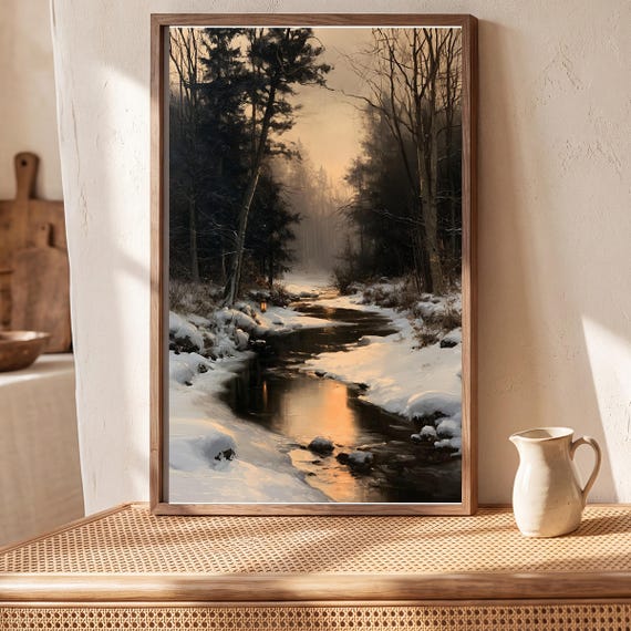 Frozen Woodland Stream Antique Oil Painting — view 5