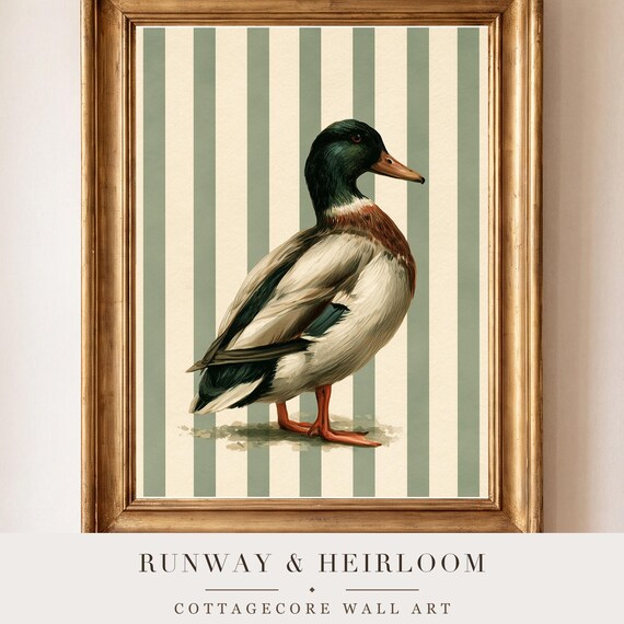 Mallard on Ticking Stripes Watercolor Print — view 5