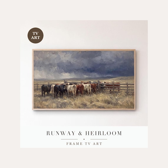 Cattle in Snow Frame TV Art, Samsung Frame TV Art Snowstorm Tonalist Oil Painting, Rustic Farm …