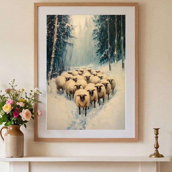 Sheep Huddled in Snow Antique Oil Painting — view 6