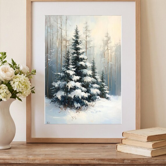 Snowy Evergreen Bough Antique Oil Painting — view 2