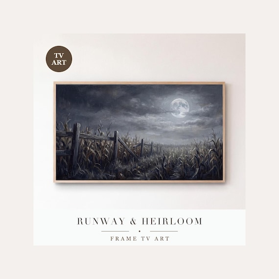 Cornfield Fence at Night Frame TV Art, Samsung Frame TV Art Halloween Harvest Nocturne, Moody F…