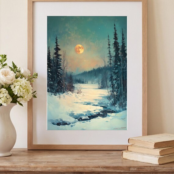 Moonlit Snowfield Antique Oil Painting — view 2