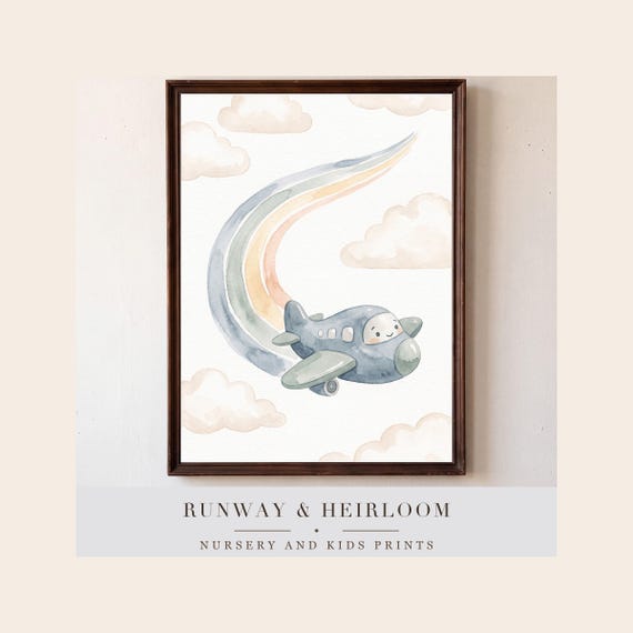 Rainbow Contrail Print Kids Room Airplane Art Nursery Digital Download Baby Decor Shower Gift Watercolor Toddler Playroom Child Soft &mdash; printable wall art