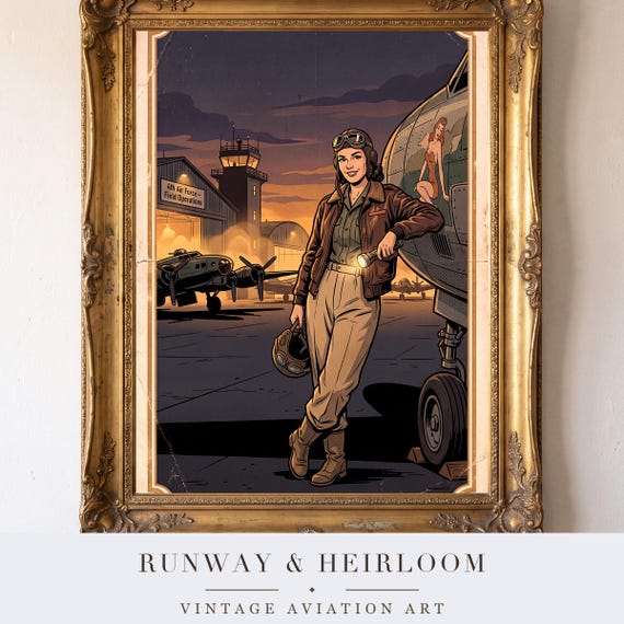 Night Flightline Pin Up Print Vintage Aviation Pinup Wall Art Retro WWII Poster Digital Download Aircraft Airplane Warbird History &mdash; view 4