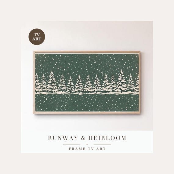 Snow on Spruce Green Frame TV Art, Samsung Frame TV Art Minimalist Falling Snow Field, Modern W…