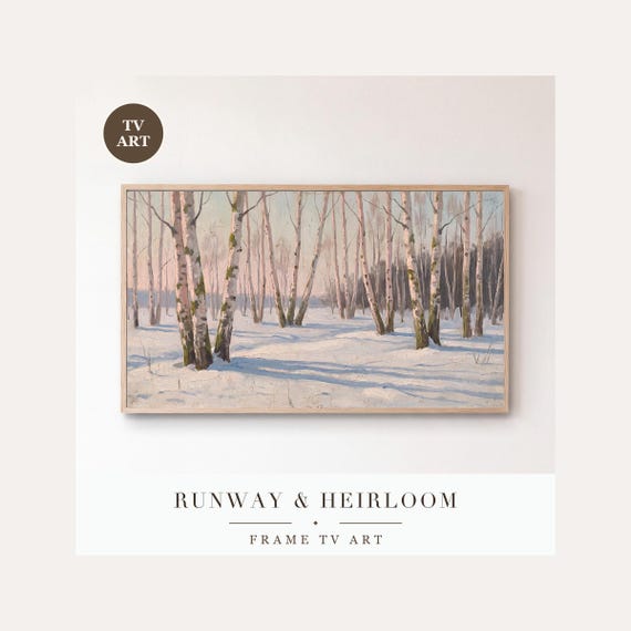 Birch Trees in Snow Frame TV Art, Samsung Frame TV Art Snowy Woodland Oil Painting, Minimalist …