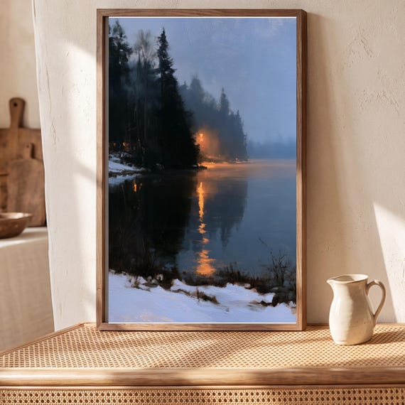 Frozen Lake at Blue Hour Antique Oil Painting — view 5