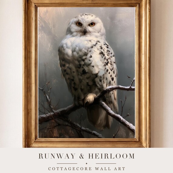 Snowy Owl on a Branch Antique Oil Painting — view 5