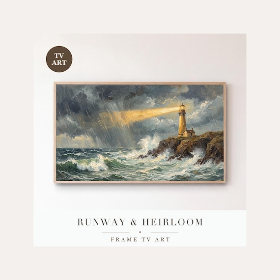 Lighthouse Beam in the Rain Frame TV Art, Samsung Frame TV Art Stormy Marine Oil Painting, Mood…