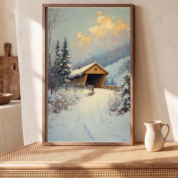 Covered Bridge in Winter Antique Oil Painting — view 5