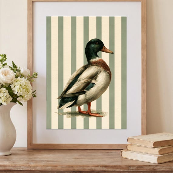 Mallard on Ticking Stripes Watercolor Print — view 2