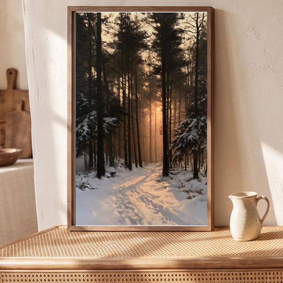 Snowy Pine Forest Antique Oil Painting — view 5