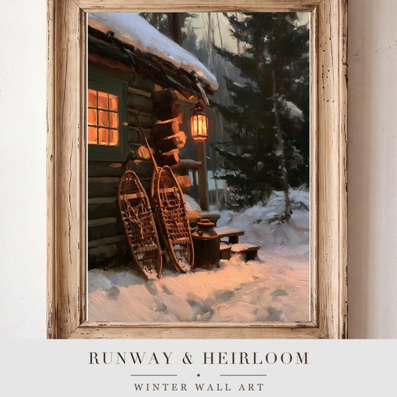 Snowshoes on a Cabin Antique Oil Painting