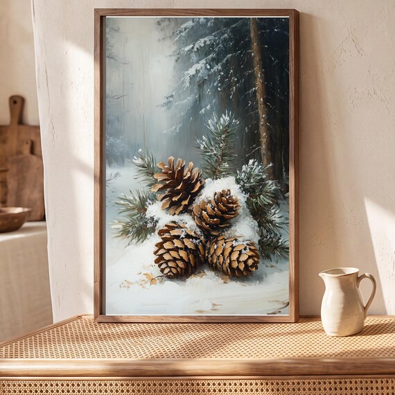 Pinecones in Snow Antique Oil Painting — view 5