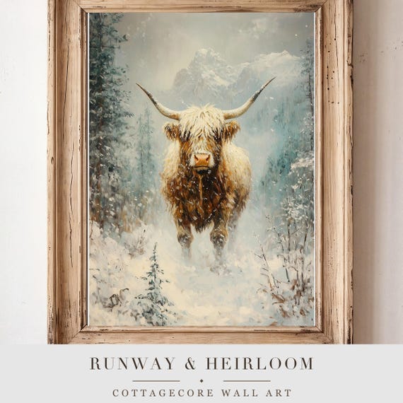 Highland Cow in Snow Antique Oil Painting