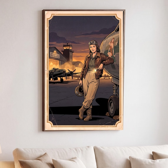 Night Flightline Pin Up Print Vintage Aviation Pinup Wall Art Retro WWII Poster Digital Download Aircraft Airplane Warbird History &mdash; view 2