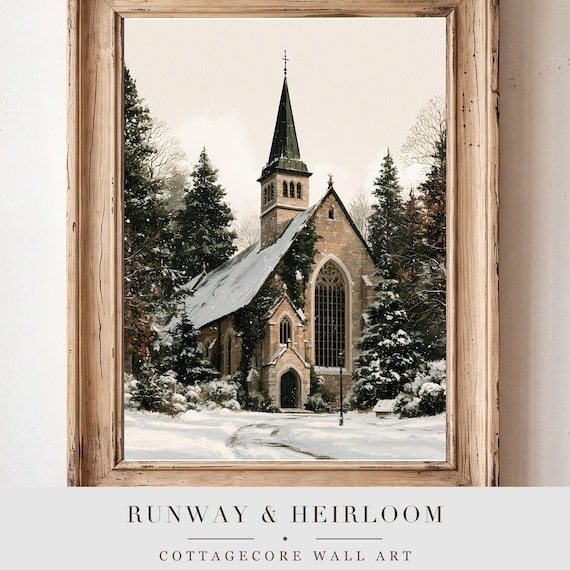 Snowy Village Chapel Watercolor Art Print