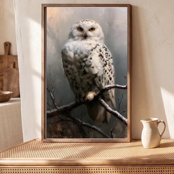 Snowy Owl on a Branch Antique Oil Painting — view 4