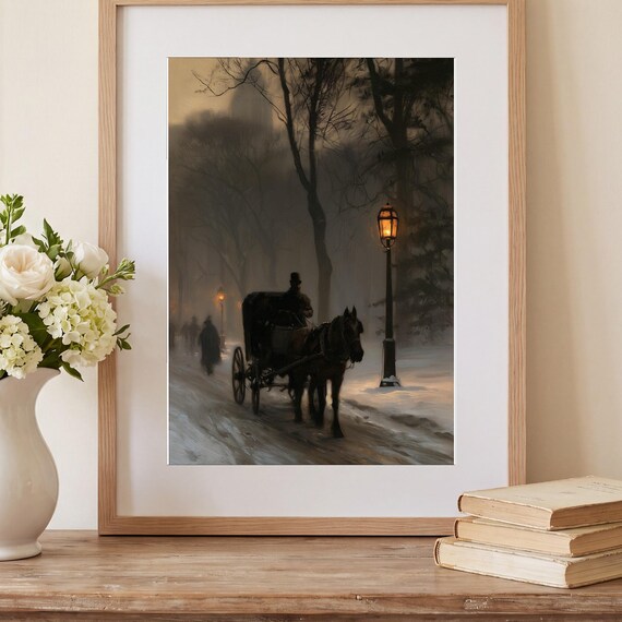 Horse-Drawn Sleigh Antique Oil Painting — view 2