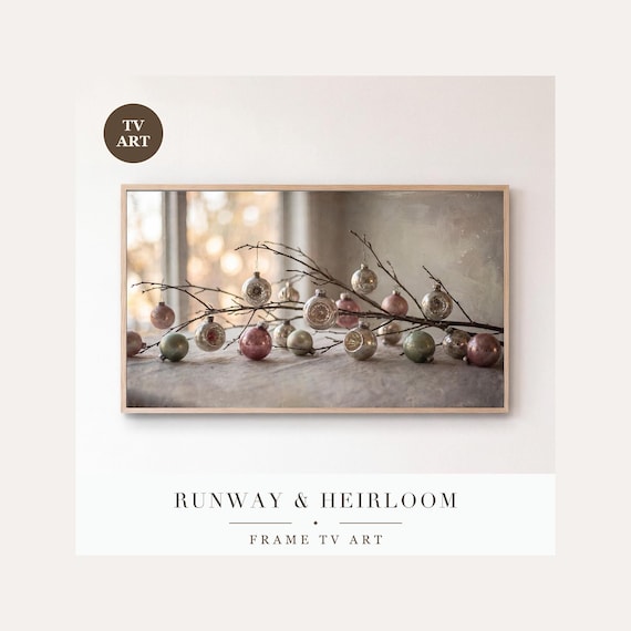 Ornaments on Branch Frame TV Art, Samsung Frame TV Art Mercury Glass Still Life, Neutral Christ…