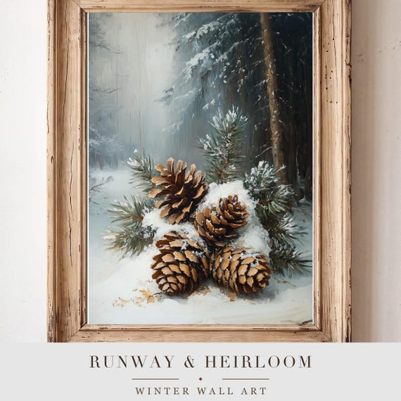 Pinecones in Snow Antique Oil Painting