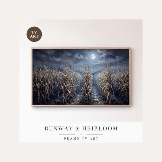 Moonlit Cornfield Rows Frame TV Art, Samsung Frame TV Art Halloween Nocturne Painting, Moody Fa…
