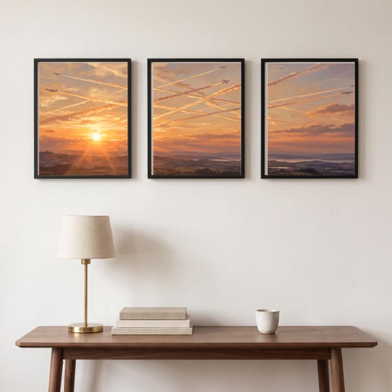 Contrail Sky Triptych Set of 3 Golden Hour Print Digital Download Aviation Airplane Decor Aircraft Modern Teen Bedroom Poster Pilot &mdash; view 4