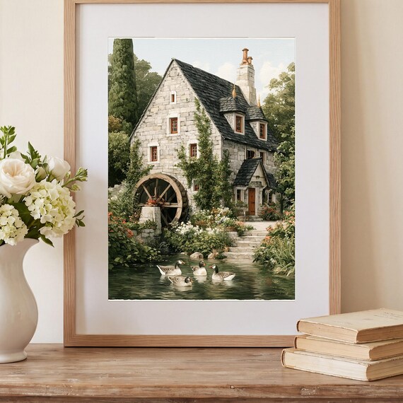 Stone Mill House with Geese Watercolor Art Print — view 2