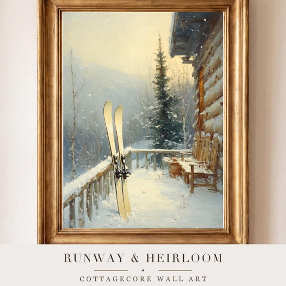 Vintage Skis on a Porch Antique Oil Painting — view 4
