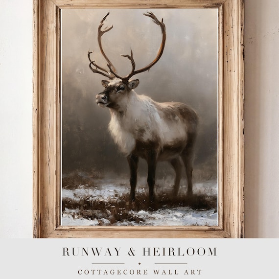 Reindeer in Fog Antique Oil Painting