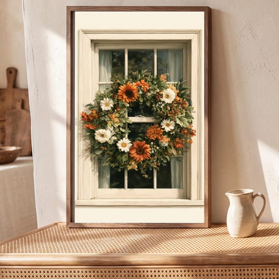 Cottage Window with Harvest Wreath Watercolor Print — view 5