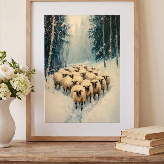 Sheep Huddled in Snow Antique Oil Painting — view 2