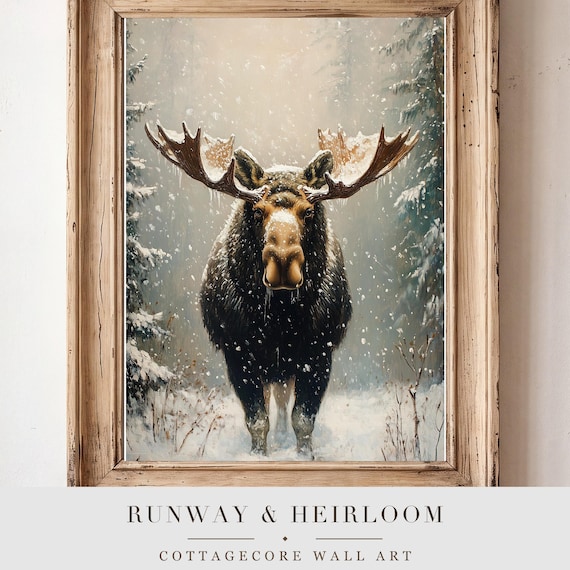 Moose in Snowfall Antique Oil Painting