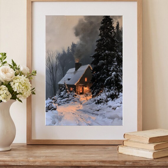 Snowy Stone Chimney Antique Oil Painting — view 2