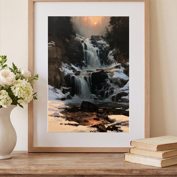 Frozen Waterfall Antique Oil Painting — view 2